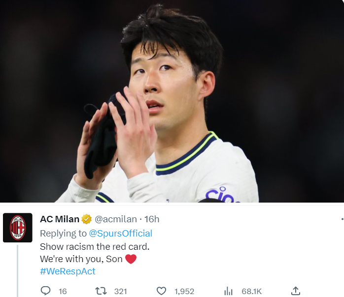 ▲ 지난 웨스트햄전에서 손흥민에게 인종차별을 하자, 챔피언스리그 상대 팀 AC밀란이 지지를 보냈다