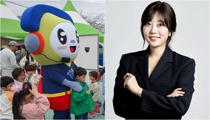 ▲ 행복이(왼쪽)와 이진희 아나운서 ⓒ두산 베어스