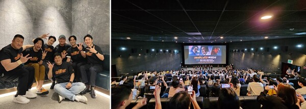 ▲ 마동석, 이준혁, 아오키 무네타카, 김민재, 전석호, 안세호, 이상용 감독이 주말 극장을 돌며 무대 인사를 하고 있다. 제공|에이비오엔터테인먼트