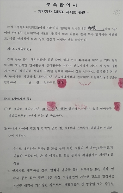 ▲ 첸, 백현, 시우민이 제시한 백현의 전속계약서. 제공| 법무법인 린