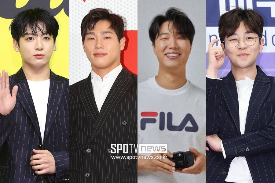 ▲ 방탄소년단 정국, 윤성빈, 김진호, 딘딘(왼쪽부터). ⓒ곽혜미 기자, 김진호 SNS