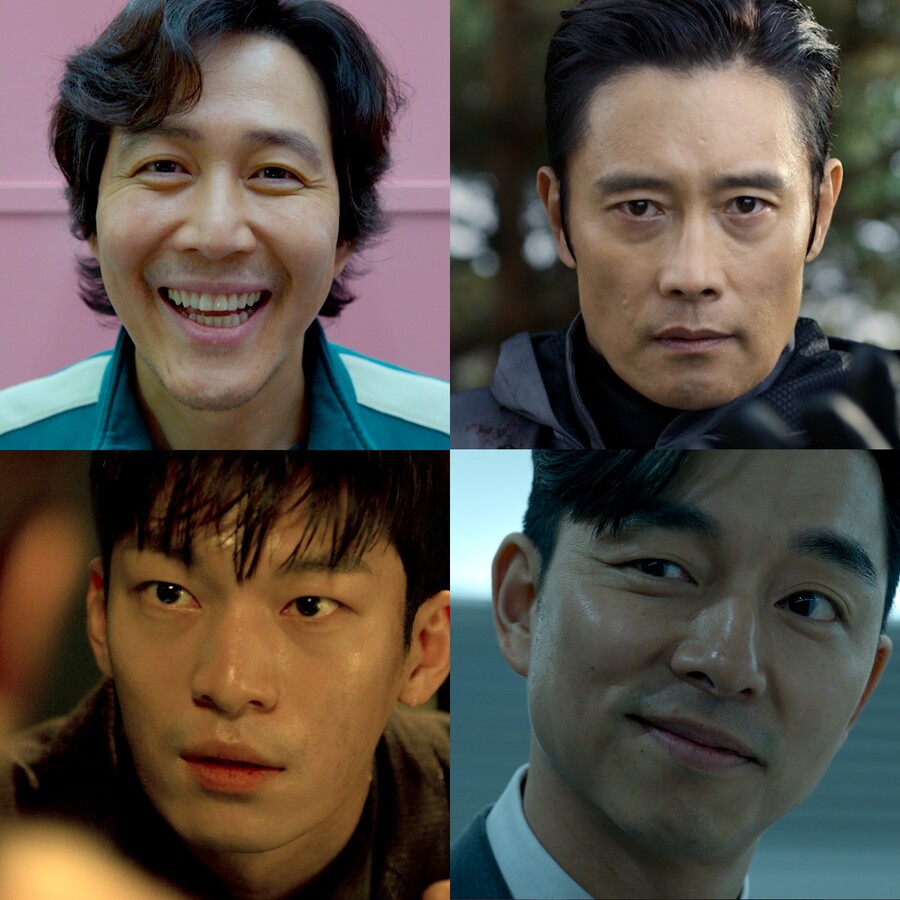 ▲ 왼쪽 위부터 시계뱡향으로 '오징어 게임' 시즌2에 출연하는 이정재, 이병헌, 공유, 위하준. 제공|넷플릭스