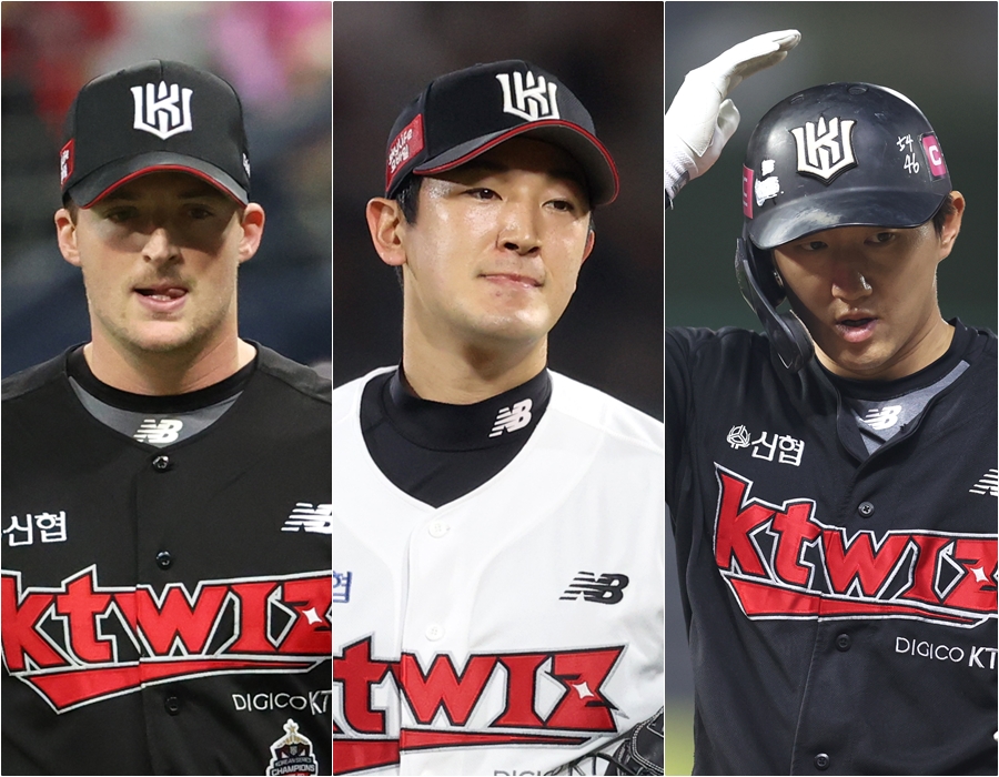 ▲ kt는 7월 월간 MVP 후보로 벤자민-고영표-김민혁(왼쪽부터) 등 3명을 배출했다.  ⓒ스포티비뉴스DB