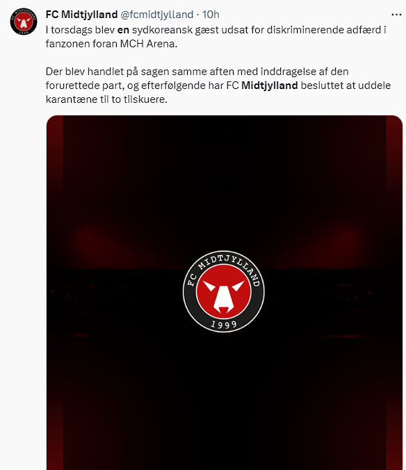 ▲ 미트윌란이 홈 경기장에서 인종차별 행위가 벌어졌음을 알렸다. ⓒ미트윌란 공식