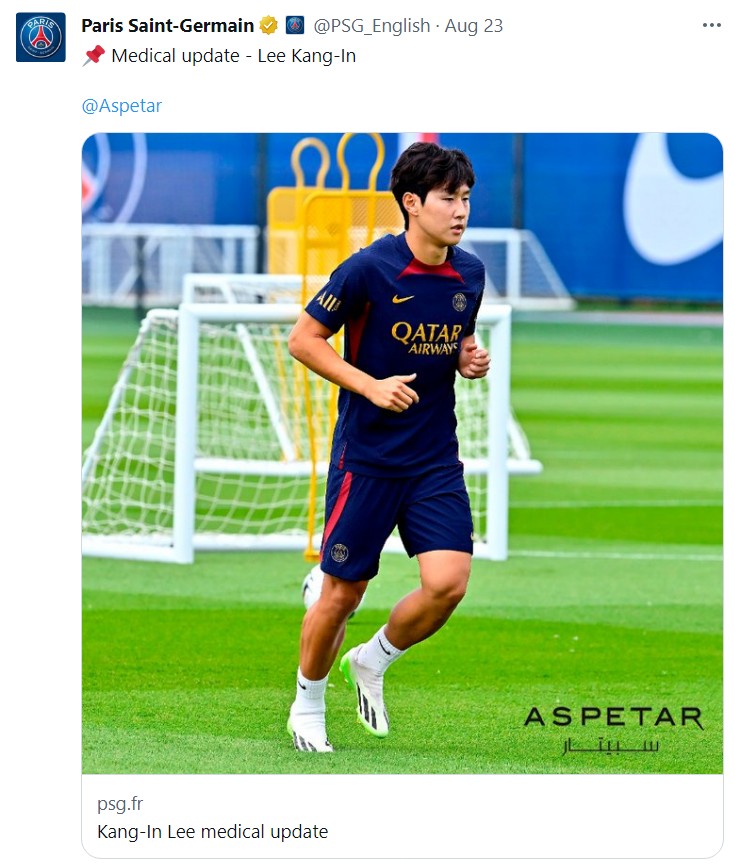 ▲ 파리 생제르맹이 이강인 부상을 발표했다