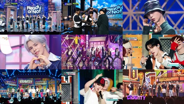 ▲ 14일 '엠카운트다운'부터 17일 '인기가요'까지 매일 음악방송에 출연해 신곡 '레디 오어 낫' 무대를 선사한 크래비티. 방송화면 캡처
