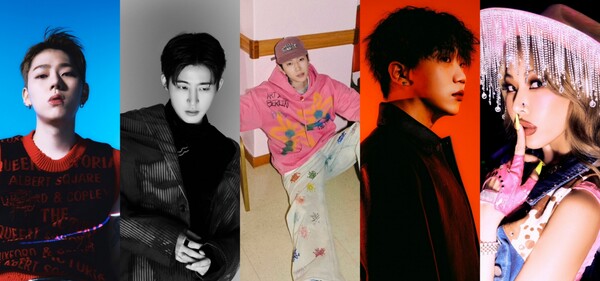 ▲ 다이나믹 듀오 '스모크 리믹스'에 참여하는 아티스트들. 왼쪽부터 지코 비아이 박재범 창모 제시. 제공|각 소속사