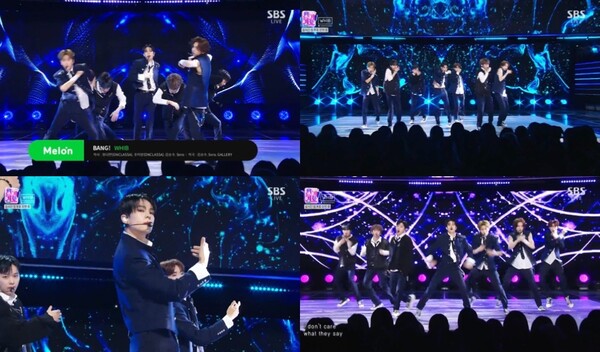 ▲ 휘브가 지난 3일 '인기가요'에 변형 교복 스타일링으로 무대에 오른 모습. 방송화면 캡처
