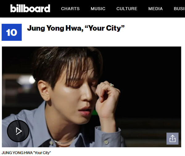 ▲ 정용화 '너의 도시'가 빌보드가 꼽은 '2023년 최고의 K팝 노래 25’에 10위로 선정됐다. 인터넷 화면 캡처