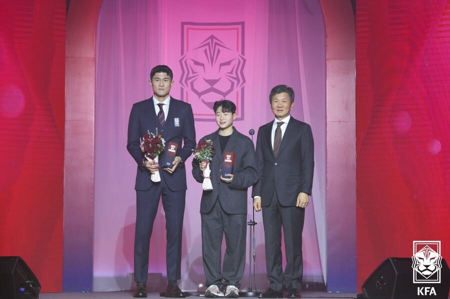 ▲ 올해의 선수상 남녀 부문을 받은 김민재와 천가람(사진 위), 지도자상을 수상한 김기동, 김은숙 감독(사진 아래)  ⓒ대한축구협회