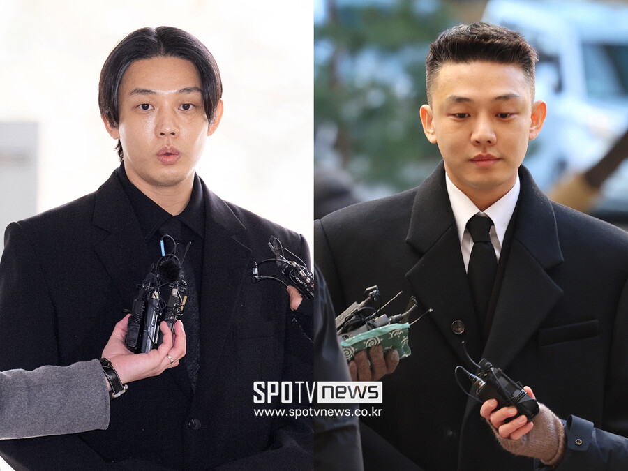 ▲ 1차 공판(왼쪽)과 2차 공판에 참석한 유아인.  ⓒ곽혜미 기자, 연합뉴스