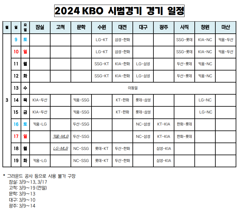 ▲ 2024 KBO 시범경기 일정 ⓒ KBO
