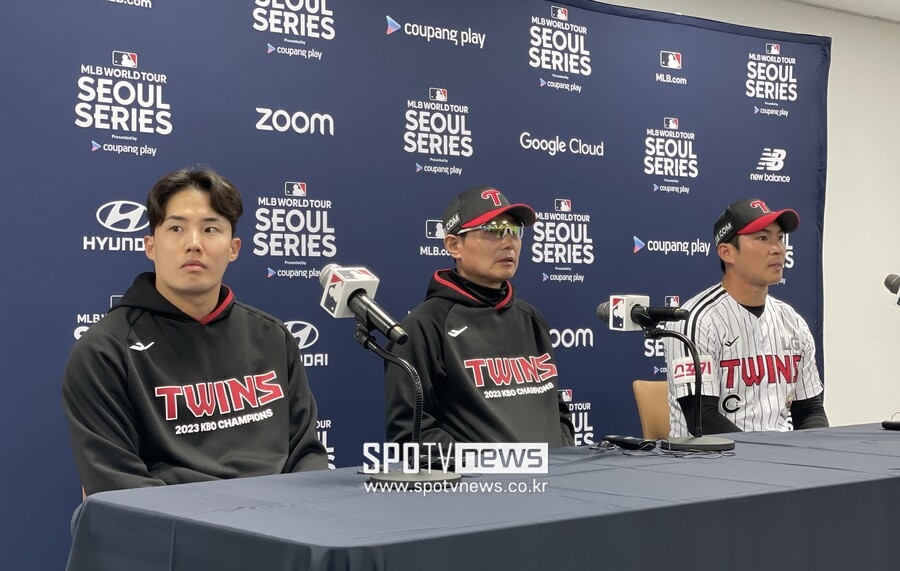 ▲ 샌디에이고와 경기를 마친 뒤 기자회견에 참석한 임찬규와 염경엽 감독, 오지환(왼쪽부터). ⓒ 신원철 기자