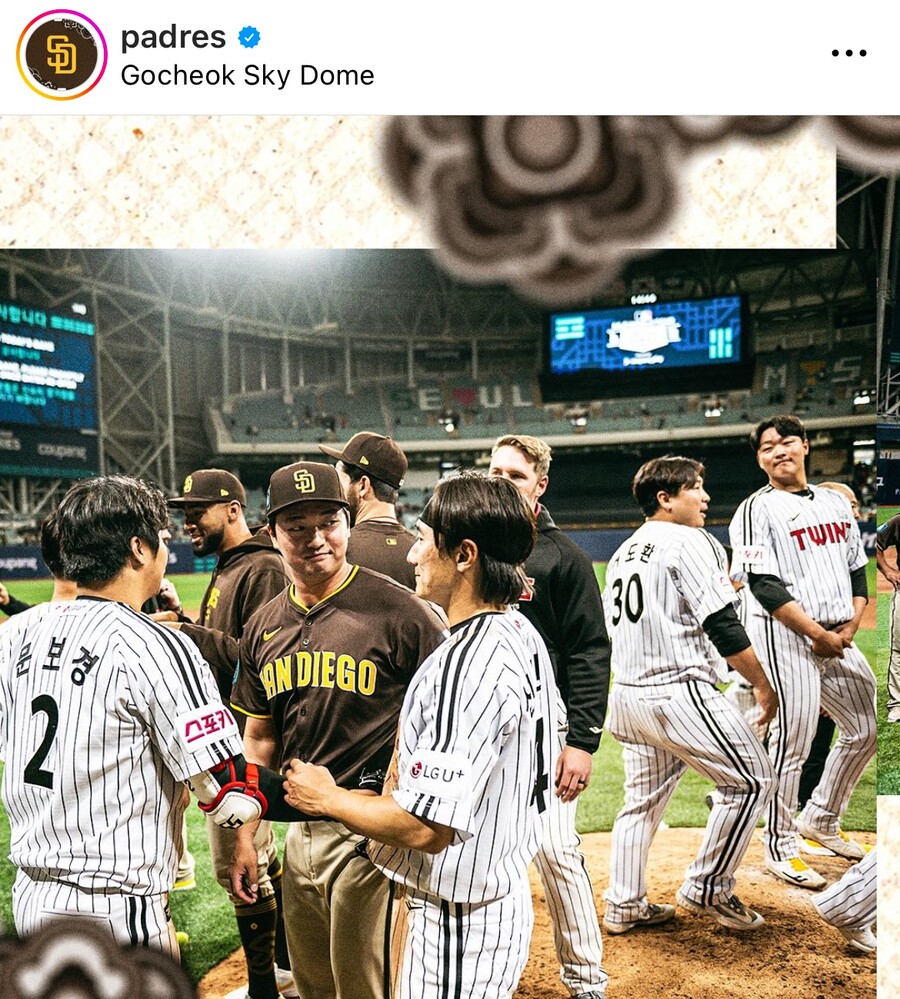 ▲ LG 선수들과 얘기를 나누는 고우석을 이재원이 지켜보고 있다. ⓒ 샌디에이고 파드리스 SNS