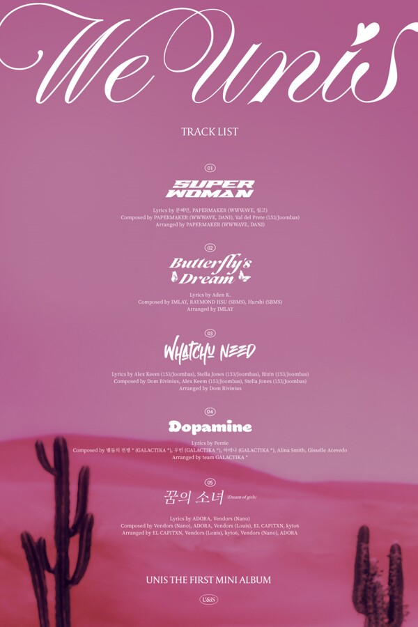 ▲ 오는 27일 발표되는 유니스 데뷔 앨범 '위 유니스' 트랙리스트. 타이틀곡은 '슈퍼우먼'이다. 제공|F&F엔터테인먼트