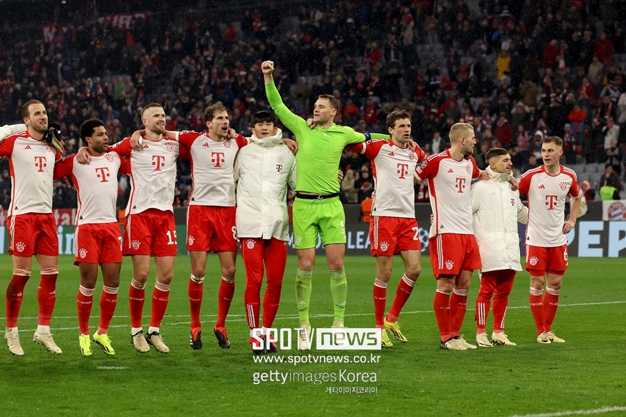 ▲ 2023-24시즌 UEFA 챔피언스리그 라치오와 16강 2차전이 끝나고 8강 진출을 자축하는 바이에른 뮌헨 선수들.