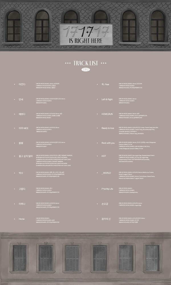 ▲ 오는 29일 발표되는 세븐틴 베스트 앨범 '세븐틴 이즈 라잇 히어' 트랙리스트. 역대 앨범 타이틀곡 28곡이 수록된다. 제공|플레디스엔터테인먼트