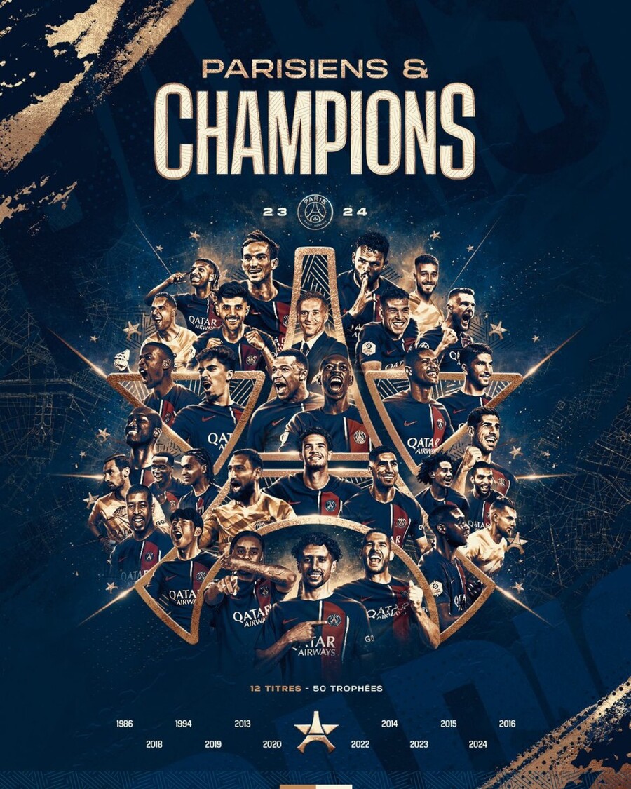 PSG 조기 우승→리그 3연패 확정…이강인, V12 메인 포스터 장식 "음바페·돈나룸마 밑에서 환호" 