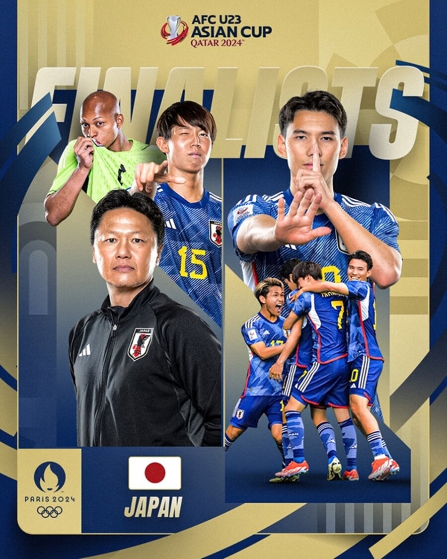 ▲ 30일 일본 23세 이하 축구대표팀이 이라크를 꺾고 2024 파리 하계 올림픽 진출에 성공했다. 카타르 도하에서 올림픽 아시아 최종예선을 겸해 치러진 2024 아시아축구연맹 U-23 아시안컵 준결승에서 전반에만 2골을 터뜨리면서 결승 티켓을 확보했다. 이번 대회 1~3위까지 올림픽 본선 직행이 가능한 만큼 일본은 결승전에서 패하더라도 파리행에 성공했다. 이로써 일본은 1996 애틀랜타 올림픽을 시작으로 8회 연속 본선 진출 기록을 이어갔다. 9회 연속 진출에서 멈춘 한국을 바짝 뒤쫓으면서 앞으로 올림픽 축구 역사를 새로 쓸 기회를 유지했다. 결승에 오른 일본은 5월 4일 우즈베키스탄과 우승을 놓고 맞붙는다. ⓒ 아시아축구연맹