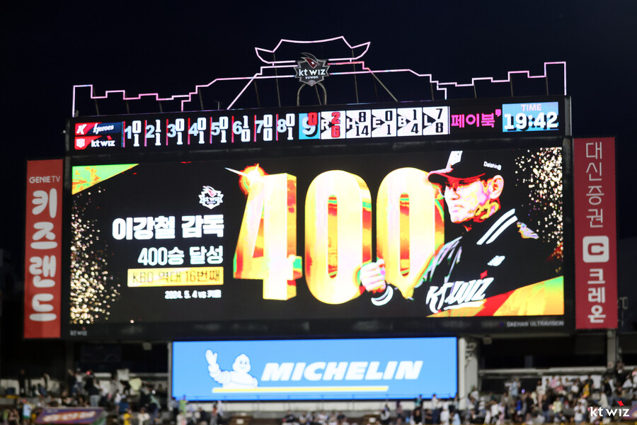 ▲이강철 감독이 통산 400승을 달성했다. kt도 전광판에 이강철 감독에게 축하 메시지를 보냈다. ⓒkt 위즈