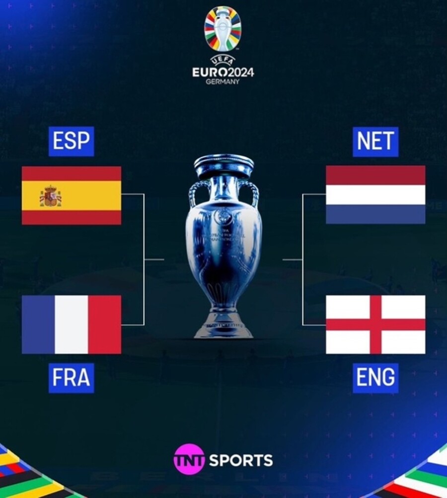 ▲ 6일과 7일(이하 한국시간) 양일에 걸쳐 열린 2024 유럽축구연맹(UEFA) 축구선수권대회(유로 2024) 8강 일정을 통해 4개국이 생존했다. 유로 최고의 팀이 결정되기까지 3경기 남은 가운데 4강은 스페인과 프랑스의 대결로 문을 연다. 반대편 대진은 잉글랜드와 네덜란드로 꾸려졌다. ⓒ TNT 스포츠