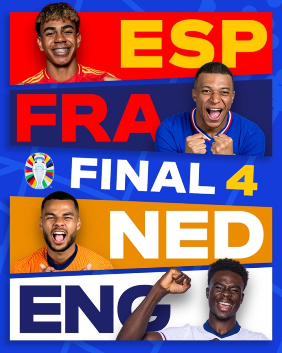 ▲ 6일과 7일(이하 한국시간) 양일에 걸쳐 열린 2024 유럽축구연맹(UEFA) 축구선수권대회(유로 2024) 8강 일정을 통해 4개국이 생존했다. 유로 최고의 팀이 결정되기까지 3경기 남은 가운데 4강은 스페인과 프랑스의 대결로 문을 연다. 반대편 대진은 잉글랜드와 네덜란드로 꾸려졌다. ⓒ UEFA