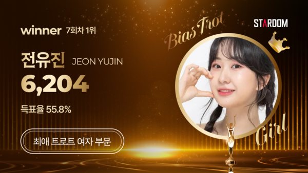 ▲ 전유진이 1위에 오른 스타덤 7월 첫째주 '최애 트롯스타' 여자부문 투표 결과 이미지.