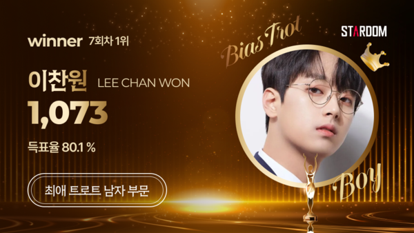 ▲ 이찬원이 1위에 오른 스타덤 7월 첫째주 '최애 트롯스타' 남자부문 투표 결과 이미지.