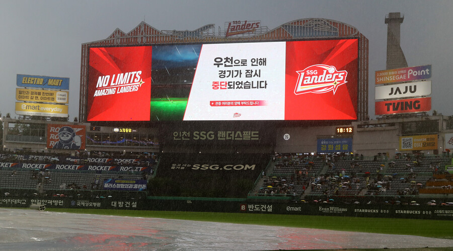 ▲ 20일 인천SSG랜더스필드에서 열린 SSG와 키움의 경기는 1회초 갑자기 쏟아진 비가 경기를 가로 막은 가운데 끝내 재개되지 못했다. ⓒSSG랜더스