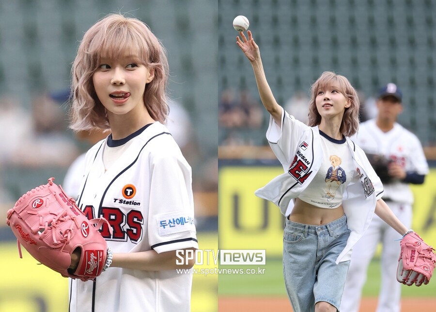 '두산 찐 팬' 잠실에 뜬 에스파 윈터, 철웅이 손 꼭 잡고 완벽 시구