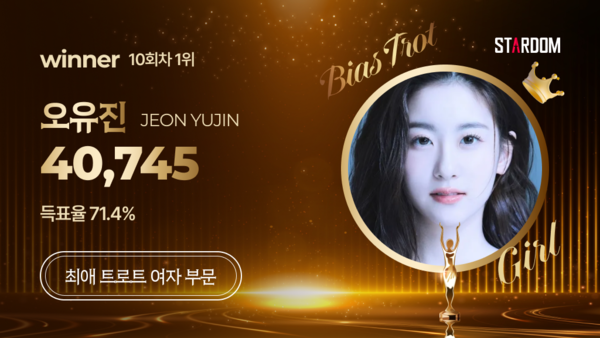 ▲ 오유진이 1위에 오른 스타덤 7월 넷째주 '최애 트롯스타' 여자부문 투표 결과 이미지.