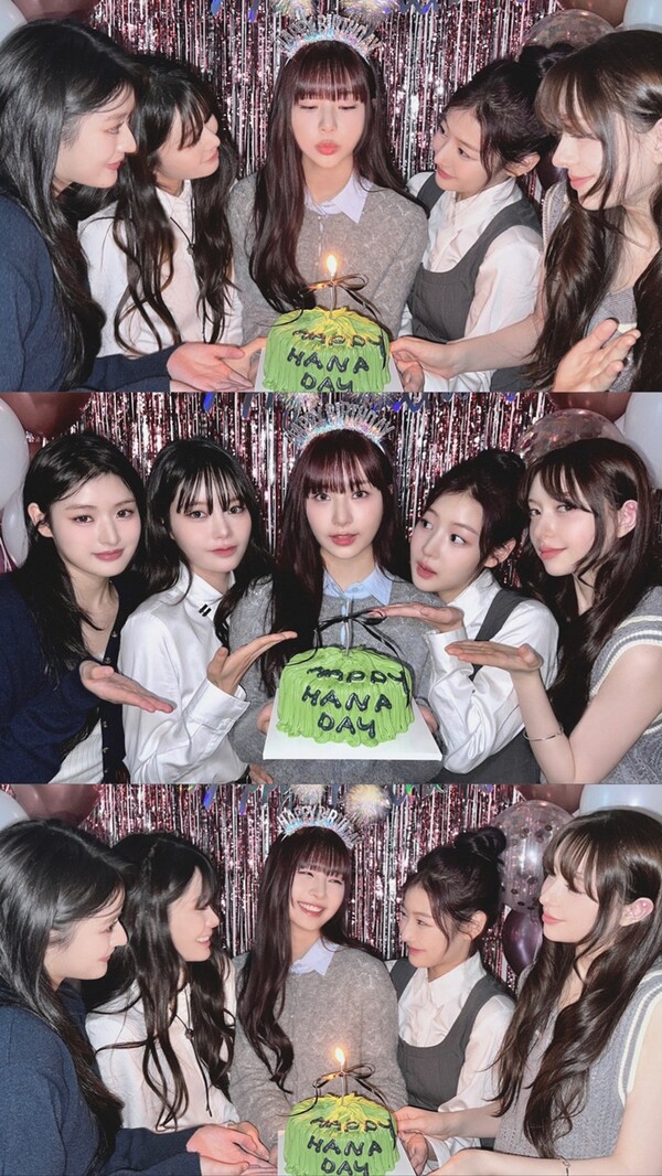 ▲ 18번째 생일을 맞은 하나(가운데)가 피프티 피프티 멤버들의 축하를 받고 있다. 제공|어트랙트
