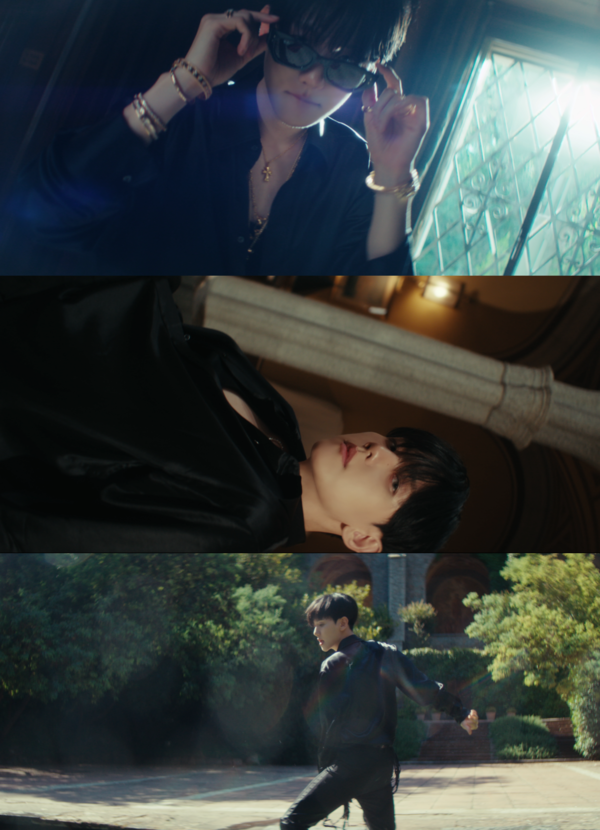 ▲ 백현 새 앨범 타이틀곡 '파인애플 슬라이스' 뮤직비디오 티저. 스페인 바르셀로나의 이국적인 풍경을 배경으로 백현의 스타일리시한 퍼포먼스가 담겨 있다. 제공|INB100