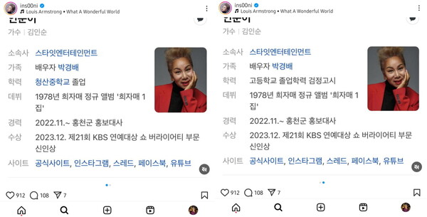 ▲ 인순이의 포털사이트 프로필 학력이 변경되기 전(왼쪽사진)과 후. 출처|인순이 인스타그램