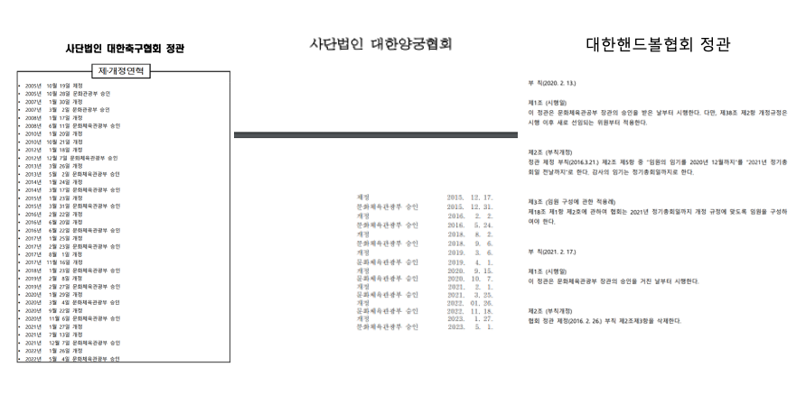 ▲ 축구, 양궁, 핸드볼을 포함한 종목단체들의 정관은 문체부 승인이 반드시 필요하다