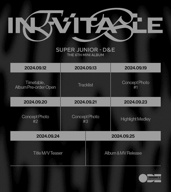 ▲ 슈퍼주니어-D&E가 6개월 만에 발표하는 미니앨범 '인에비터블' 타임테이블. 제공|오드엔터테인먼트
