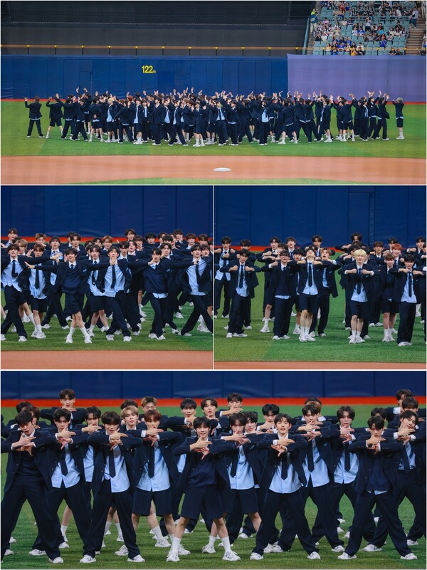 ▲ 최근 '최강야구' 관중 앞에서 타이틀송 '달려' 첫 무대를 선사한 '프로젝트 7' 참가자들. 제공|'프로젝트  7'