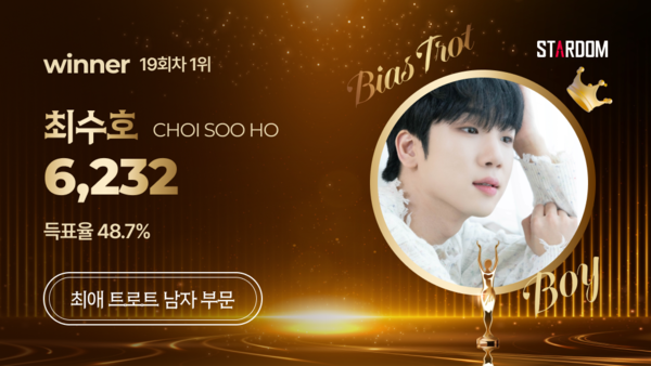 최수호, 스타덤 '최애 트롯스타' 2주 연속 1위…박지현 제치고 '정상'