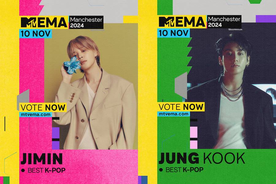 BTS 지민·정국, 군백기 무색…나란히 '2024 MTV EMA' 수상 후보 선정
