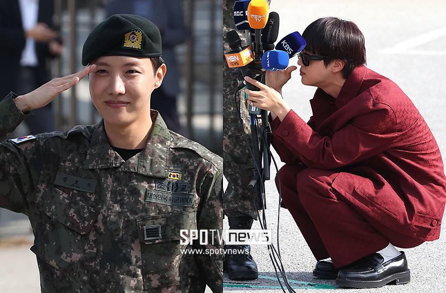 명품 슈트 입고 쪼그려 앉은 BTS 진…만기 전역한 제이홉 위해 마이크 도우미 자처
