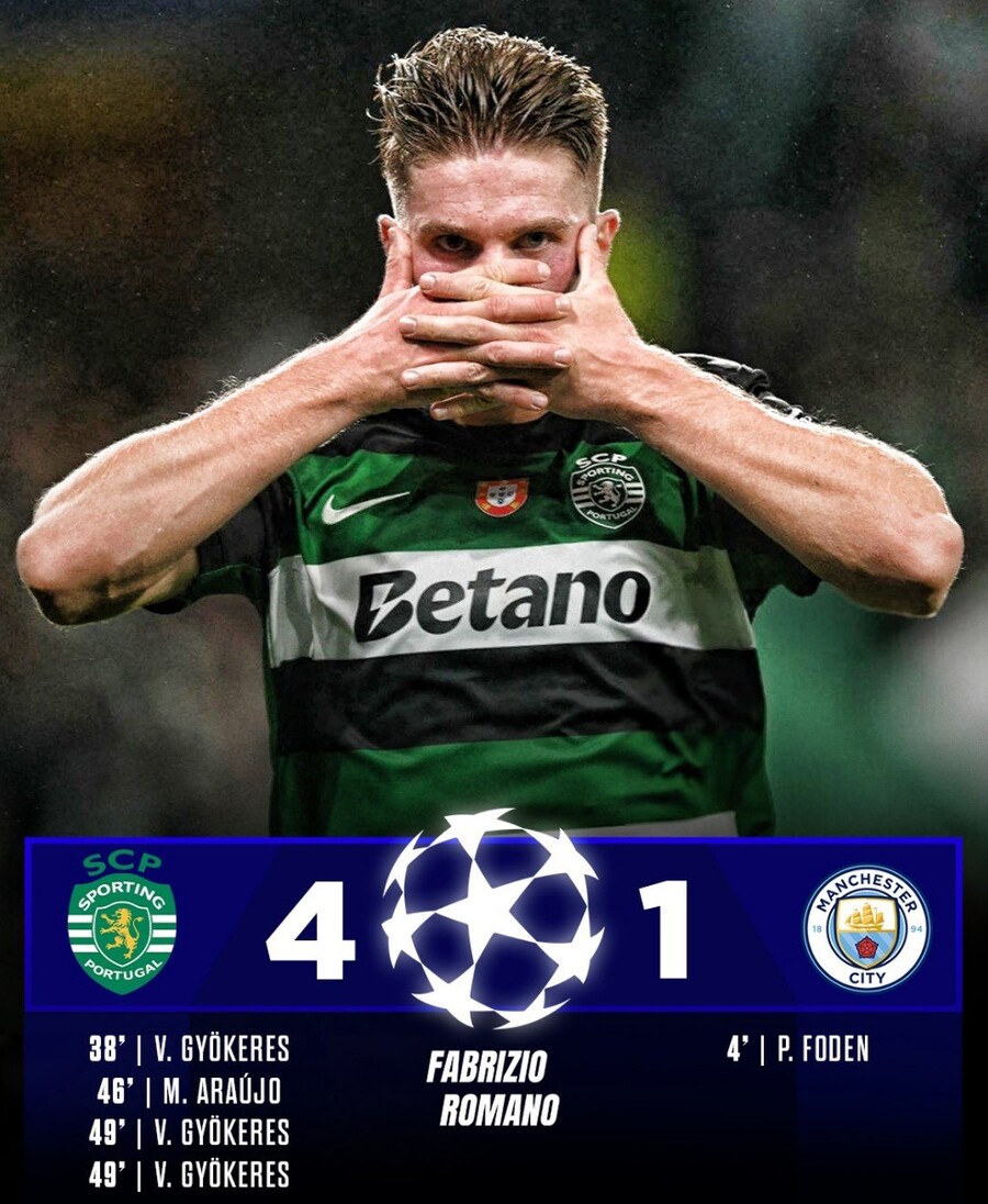 [UCL REVIEW] '26G 연속 무패 끝' 최강 맨시티 무너졌다, 아모림의 스포르팅에 1-4 대패…홀란 PK 실축-교케레스는 해트트릭 폭발