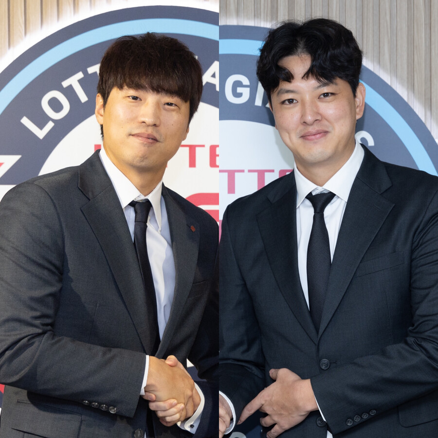 ▲구승민(왼쪽)과 김원중이 롯데 자이언츠 잔류를 택했다. 윤동희는 둘의 잔류를 반겼다. ⓒ롯데 자이언츠