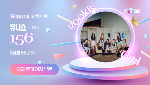 ▲ 유니스가 스타덤 '최애 루키아이돌' 11월 넷째주 주간랭킹에서 1위를 차지한 투표결과 이미지.