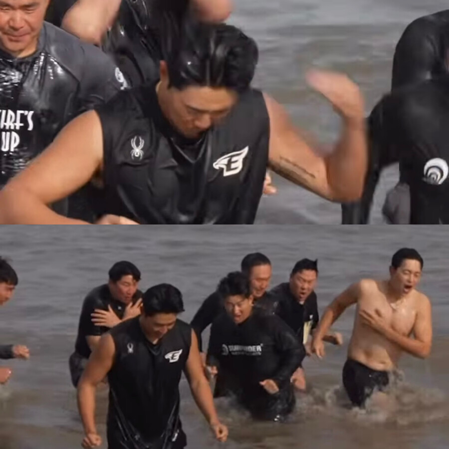 “내년에 잘 하겠습니다” 5강 실패 공약 지켰다, 류현진-채은성 등 한화 베테랑 8명 겨울 바다 입수