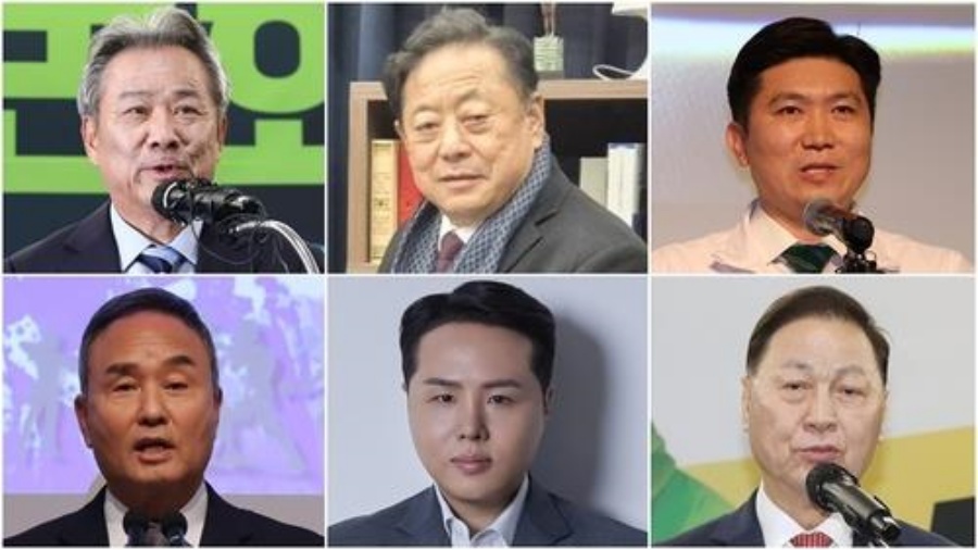 제42대 대한체육회장 후보 등록을 마친 6명의 후보사진 상단 왼쪽부터 시계 방향으로 이기흥 후보, 김용주 후보, 유승민 후보, 강태선 후보, 오주영 후보, 강신욱 후보. ⓒ연합뉴스