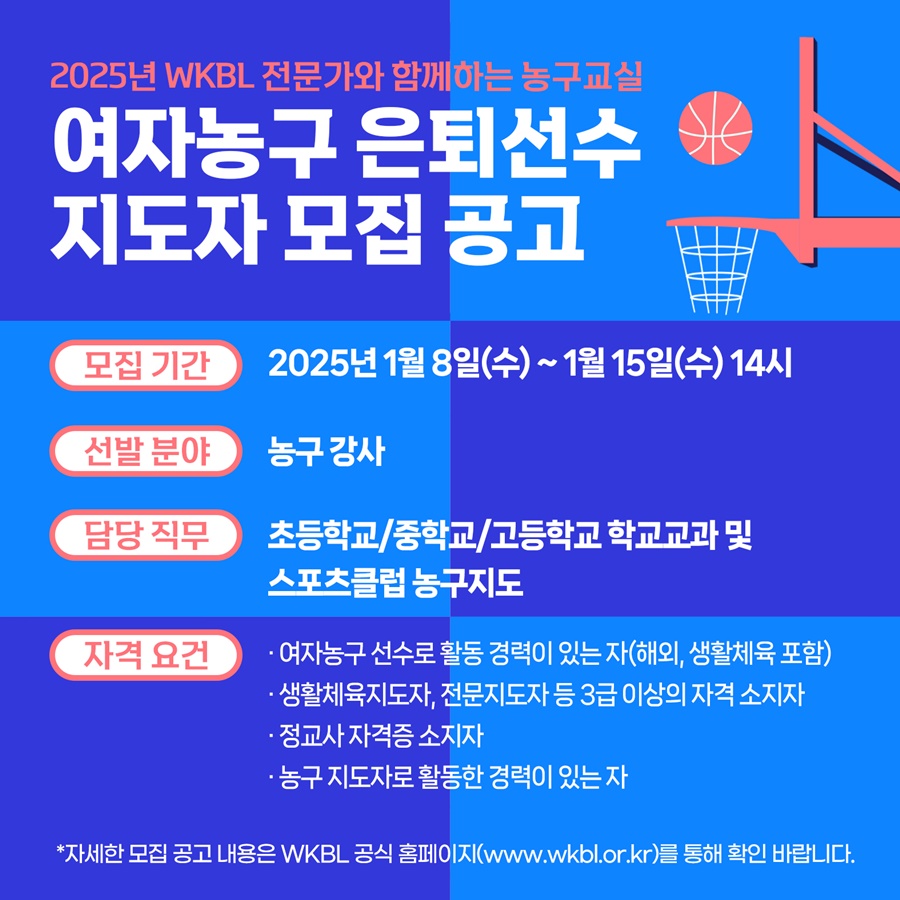 WKBL, '2025년 전문가와 함께하는 농구교실' 지도자 모집
