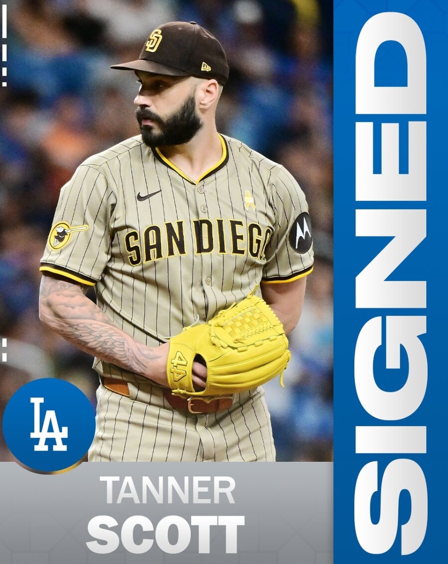 ▲ MLB닷컴과 MLB네트워크는 20일(한국시간) LA다저스가 태너 스캇과 4년 7200만 달러에 계약했다고 전했다. ⓒSNS