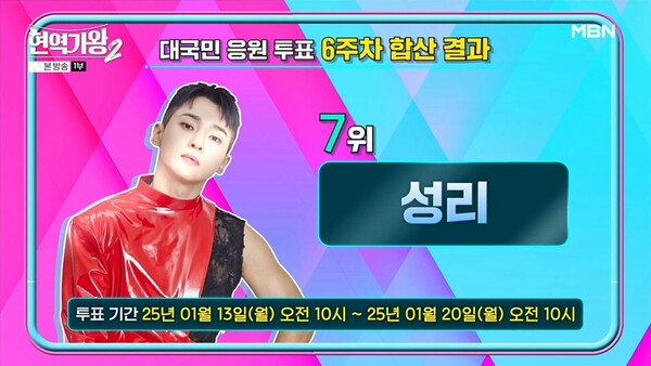 '현역가왕2' 성리, 6주차 대국민응원 투표 7위…역대 최고 순위