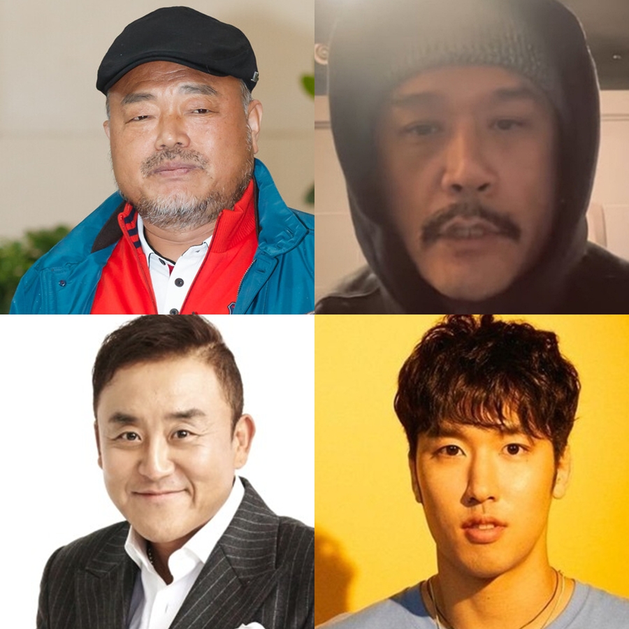 ▲ 왼쪽 위부터 시계방향으로 김흥국, JK김동욱, 윤결, 최준용. 출처|스포티비뉴스DB, JK김동욱 인스타그램, 페포니뮤직, 보이스트롯