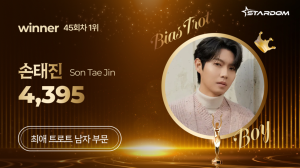 ▲ 손태진이 4월 둘째주 스타덤 '최애 트롯스타' 남자부문 주간랭킹 1위를 차지한 투표 결과 이미지.